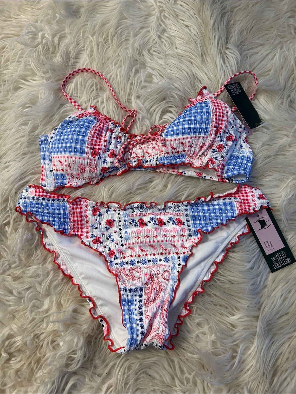 wild fable Red, Blue & White Patchwork Bikini Set with Ruffle Trim
